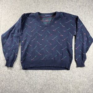 Vintage Pinnacle Mens L Navy Blue Golf Club Embroidered V neck Cotton USA Preppy